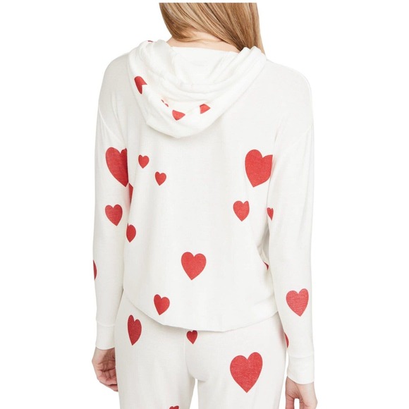 Chaser Women Pullover Heart Print Hoodie Sweatshirt Top Ivory Knit Sz M Long Slv - Picture 2 of 6